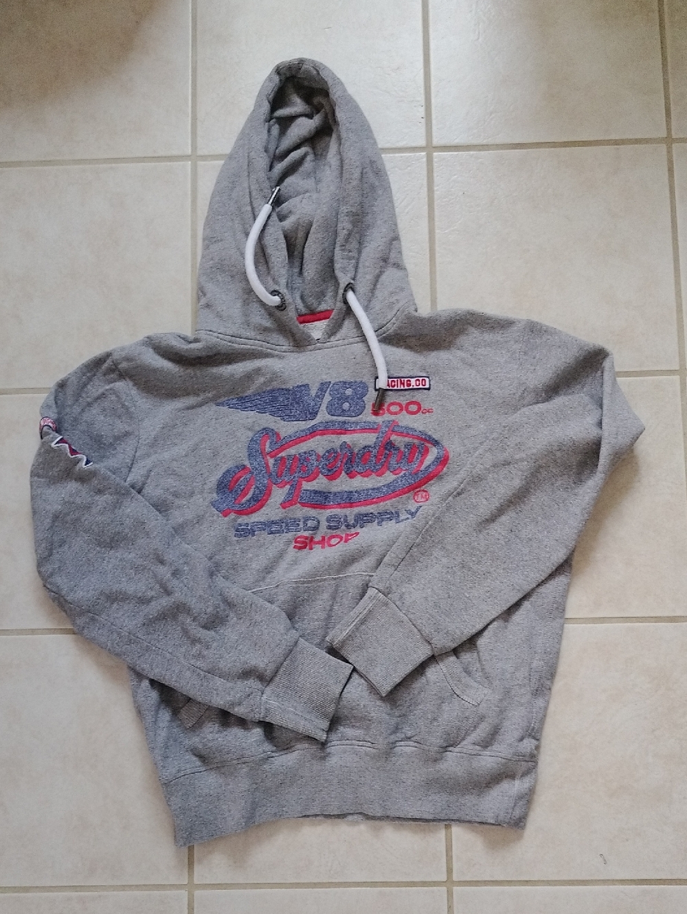 Superdry Gray Hoodie with Red & Blue Logo Graphic